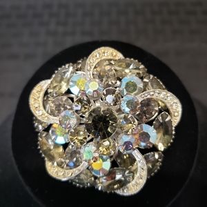 Vintage Gray Aurora Borealis and Rhinestone Swirl Layered Flower Brooch